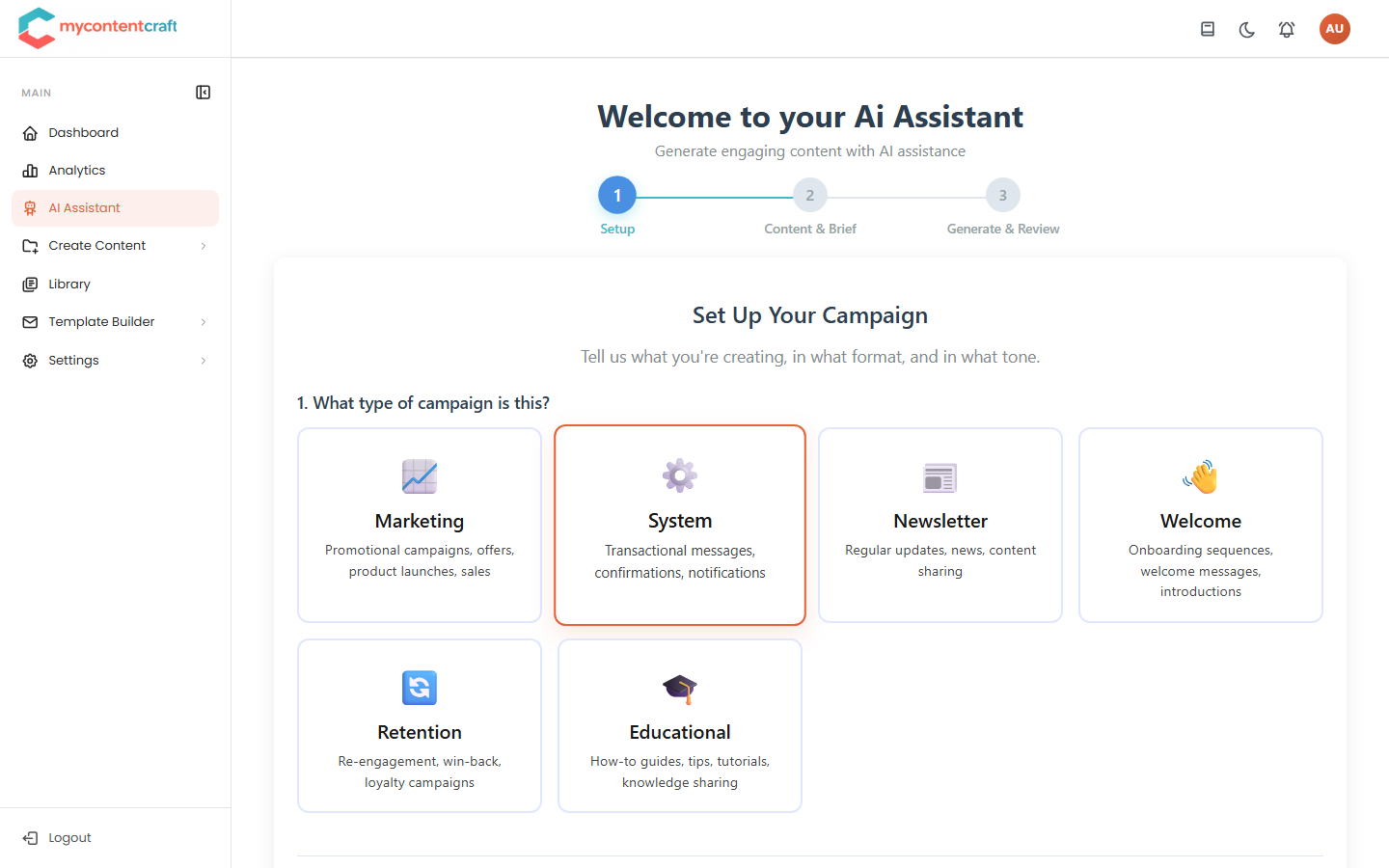 Content Craft AI Assistant 3-step content generation wizard