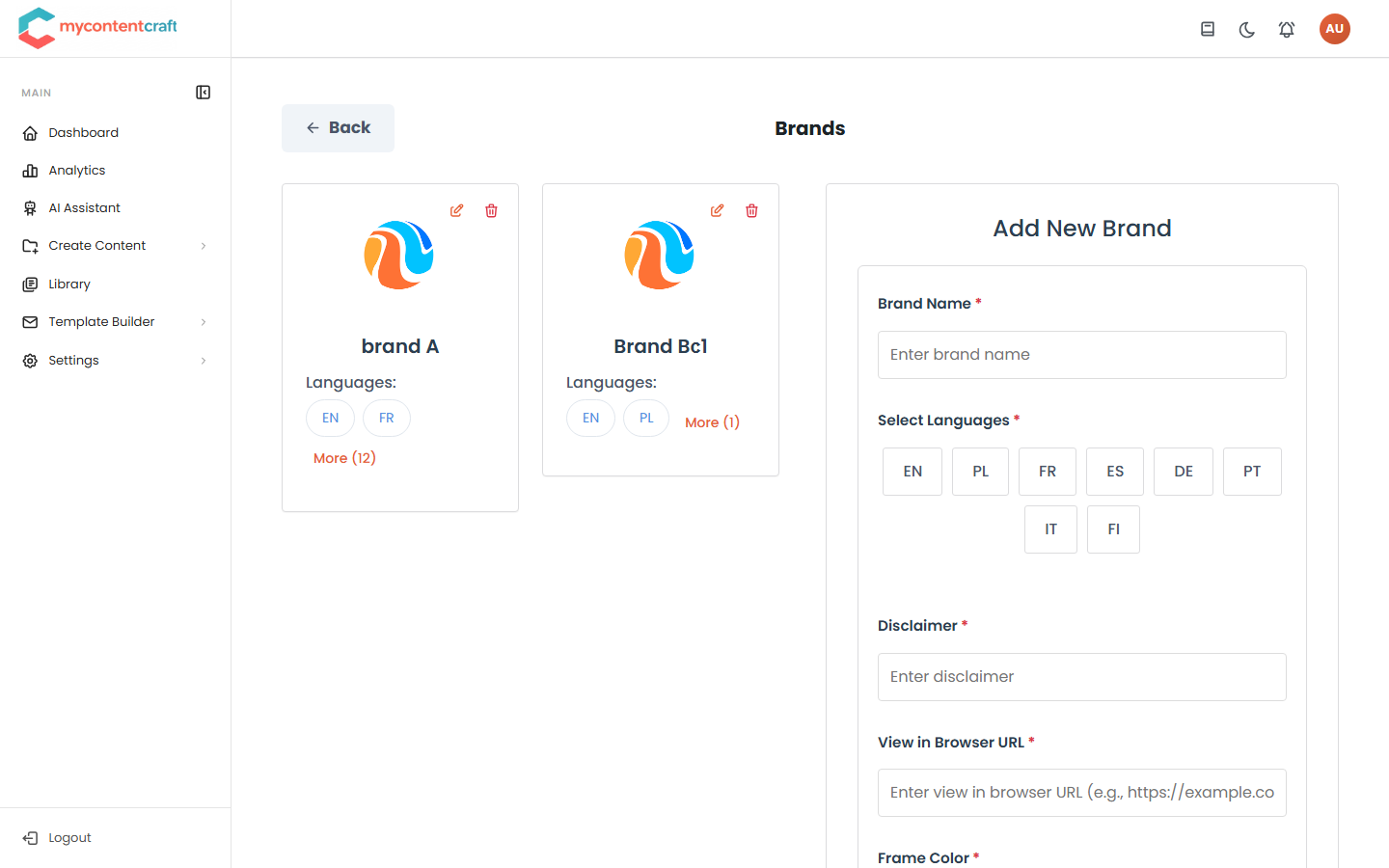 Content Craft brand and language management screen