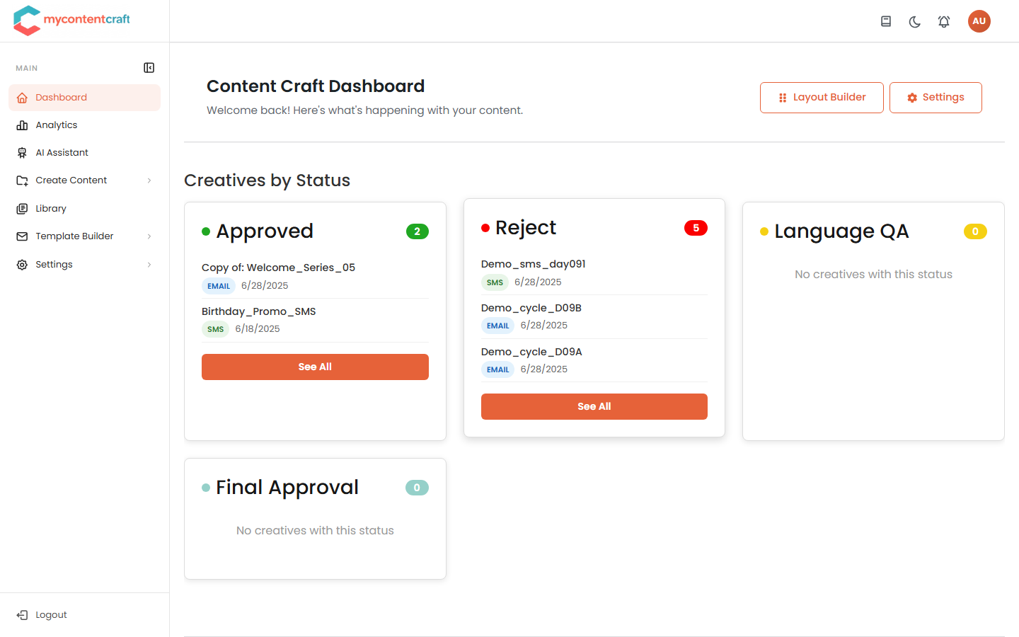 Content Craft dashboard with campaign analytics overview