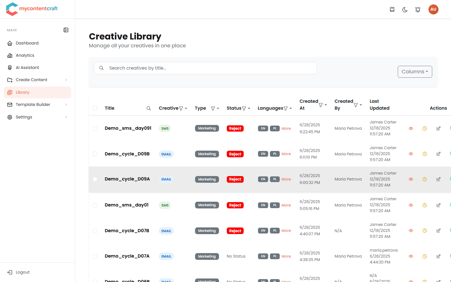 Content Craft creative library listing email, SMS, push, and popup content